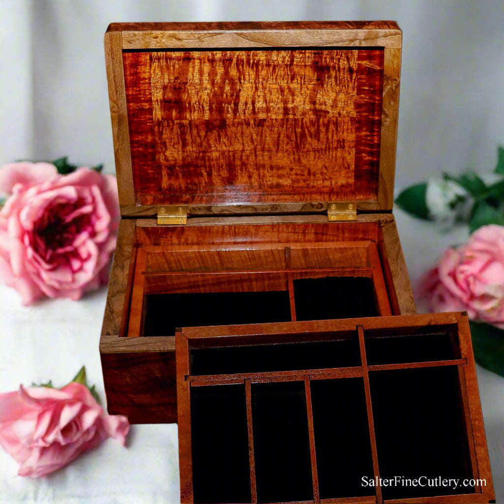 Jewelry box for Men or Women 2-1/2 tier 12x8.5x6 inches handcrafted Hawaiian koa wood SalterFineCutlery