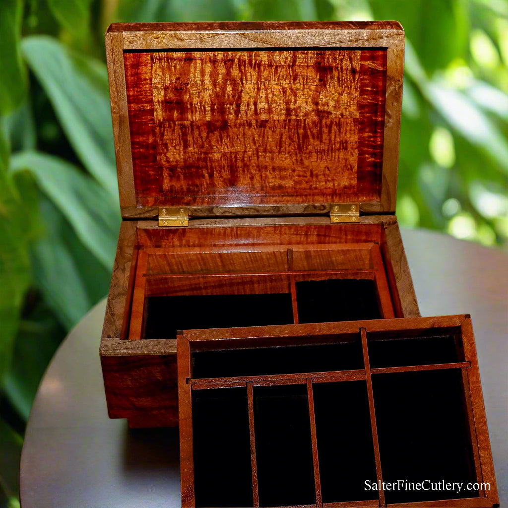 Jewelry box Mens two and half tiers with secret storage under lower tray handcrafted in Hawaii by SalterFineCutlery custom woodworking