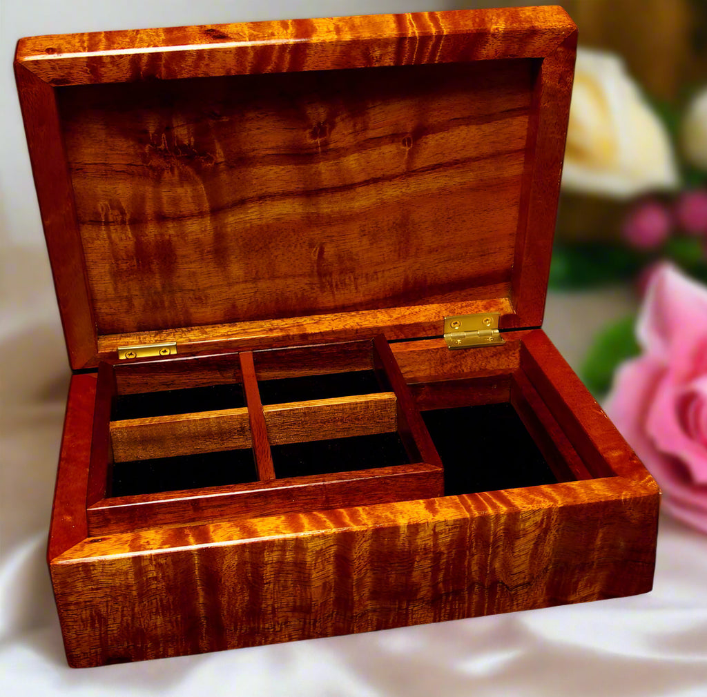 Ladies jewelry box 7x10 curly koa wood open handcrafted by SalterFineCutlery custom woodworking