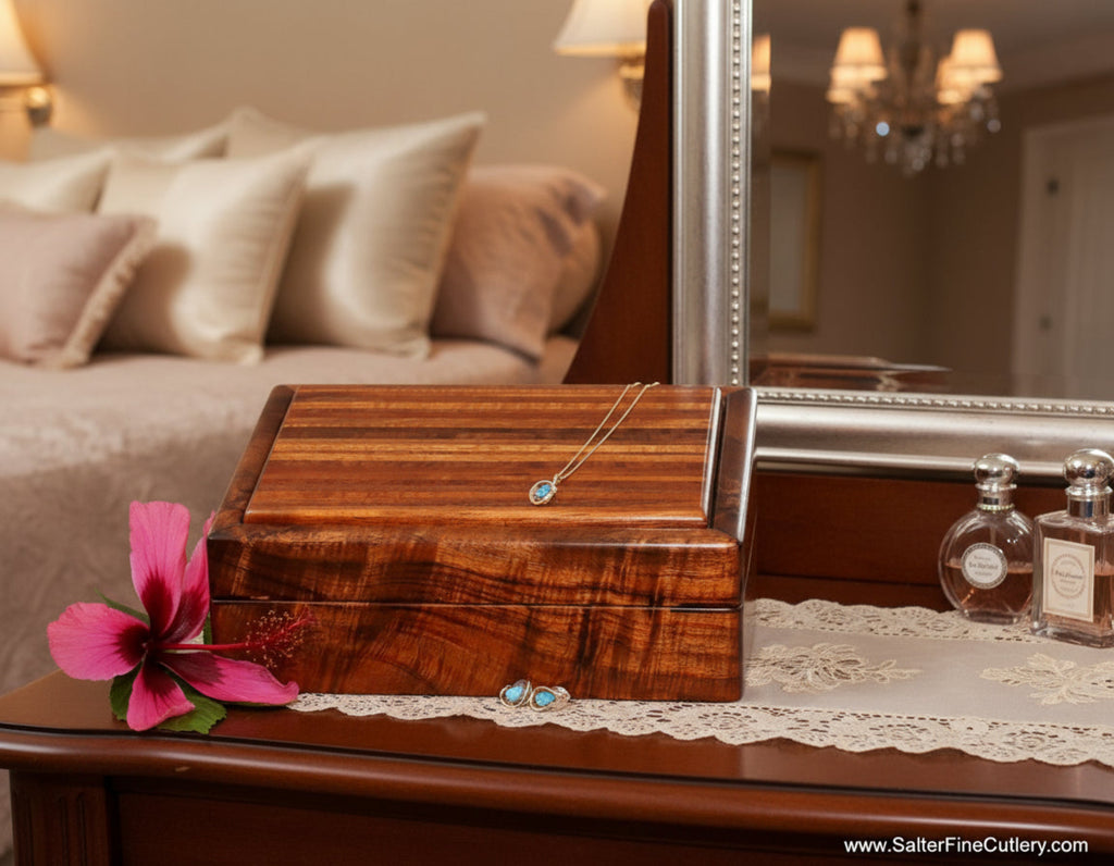 Curly koa wood medium jewelry box with sliding top tray with special variegated koa examples lid handcrafted SalterFineCutlery in Hawaii