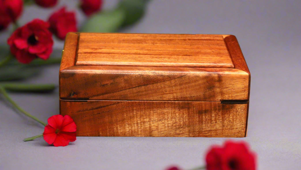 Small treasures or jewelry box handcrafted curly Hawaiian koa wood by SalterFineCutlery and custom woodworking of Hawaii