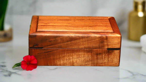 Small treasures box made from Hawaiian curly koa wood by SalterFineCutlery with drop-down lid