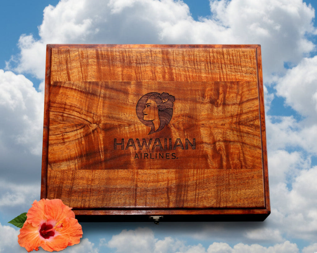 Keepsake box custom consignment for corporate event Hawaiian curly koa wood with company logo etched on box face from SalterFineCutlery