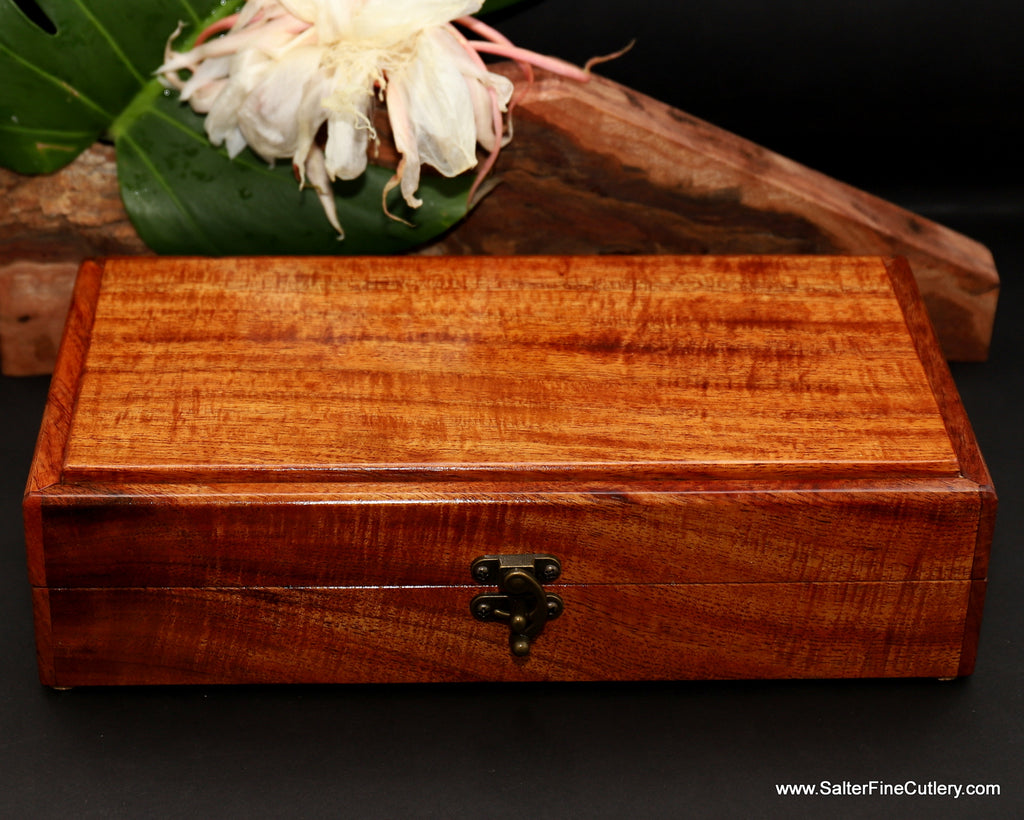 Curly Hawaiian koa wood box detail handcrafted by SalterFineCutlery and custom woodworking