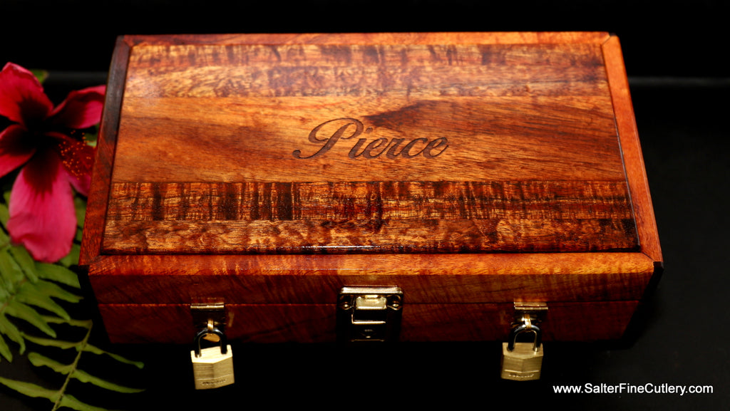 Customized keepsake box with latches and lid engraving Hawaiian koa wood by SalterFineCutlery and Custom woodworking