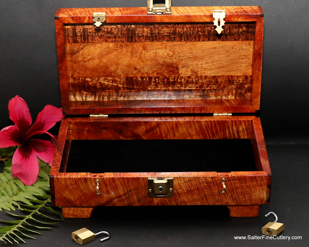 Keepsake box curly koa with with base with custom requested multiple locks by SalterFineCutlery and custom woodworking