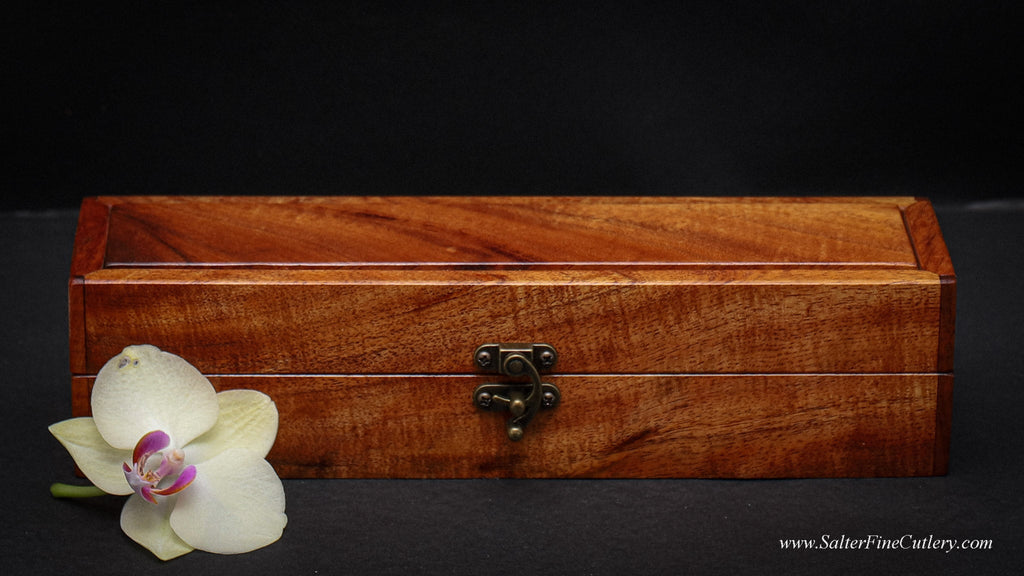 Handcrafted Hawaiian curly koa wood keepsake box to hold 2-piece steak knife set by SalterFineCutlery