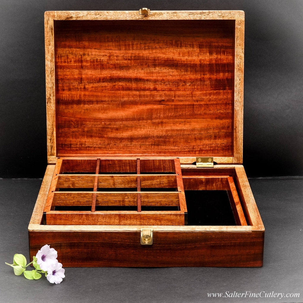 Ladies Large Jewelry Box 14x11x4 inches handcrafted from rare old-growth Hawaiian koa wood by SalterFineCutlery and custom woodworking