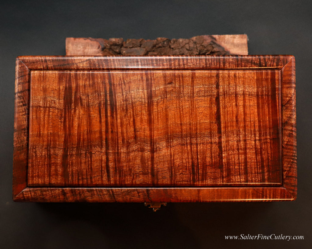 Lid detail of a presentation box made from very old and rare Hawaiian curly koa wood by SalterFineCutlery