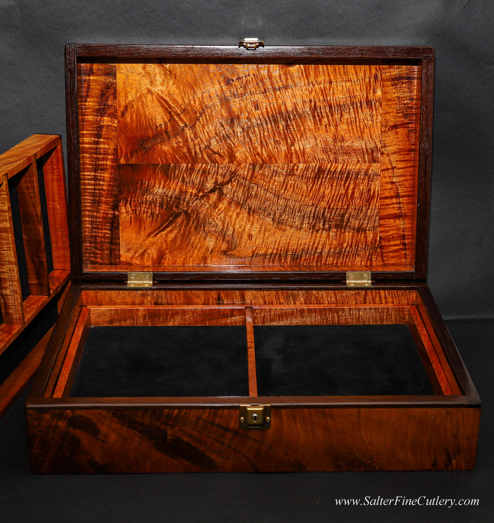 Extra Large jewelry and valet box showing bottom valet tray with single divider and durable pigskin lining handcrafted by SalterFineCutlery and custom woodworking in Hawaii
