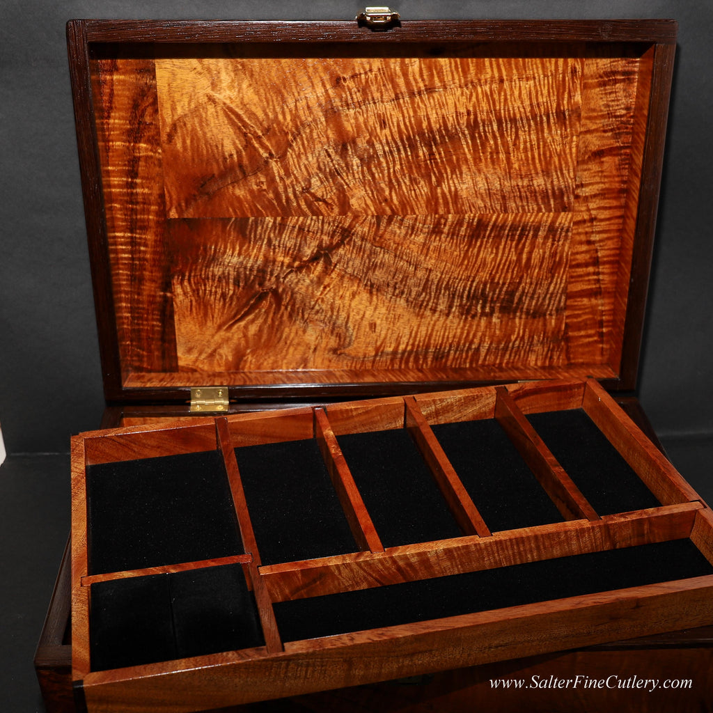 Hawaiian curly koa wood mens jewelry or valet box with wenge accents handmade in Hawaii by SalterFineCutlery and custom woodworking