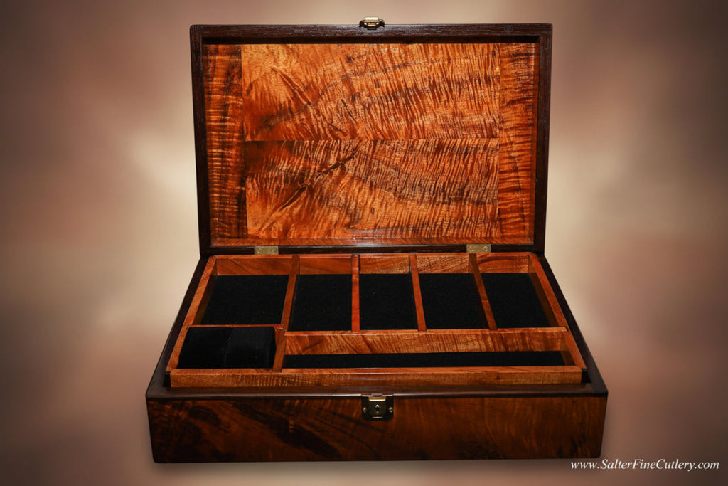 Mens XL plus Valet and Jewelry box open showing top removable tray handcrafted SalterFineCutlery and Custom woodworking
