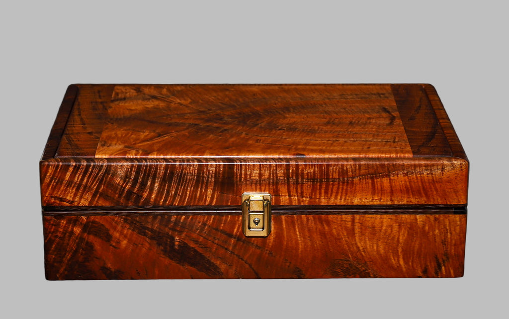 Mens 18x12x5 inch custom valet and jewelry box made from very rare Hawaiian curly koa wood with dark accent liners by SalterFineCutlery and custom woodworking
