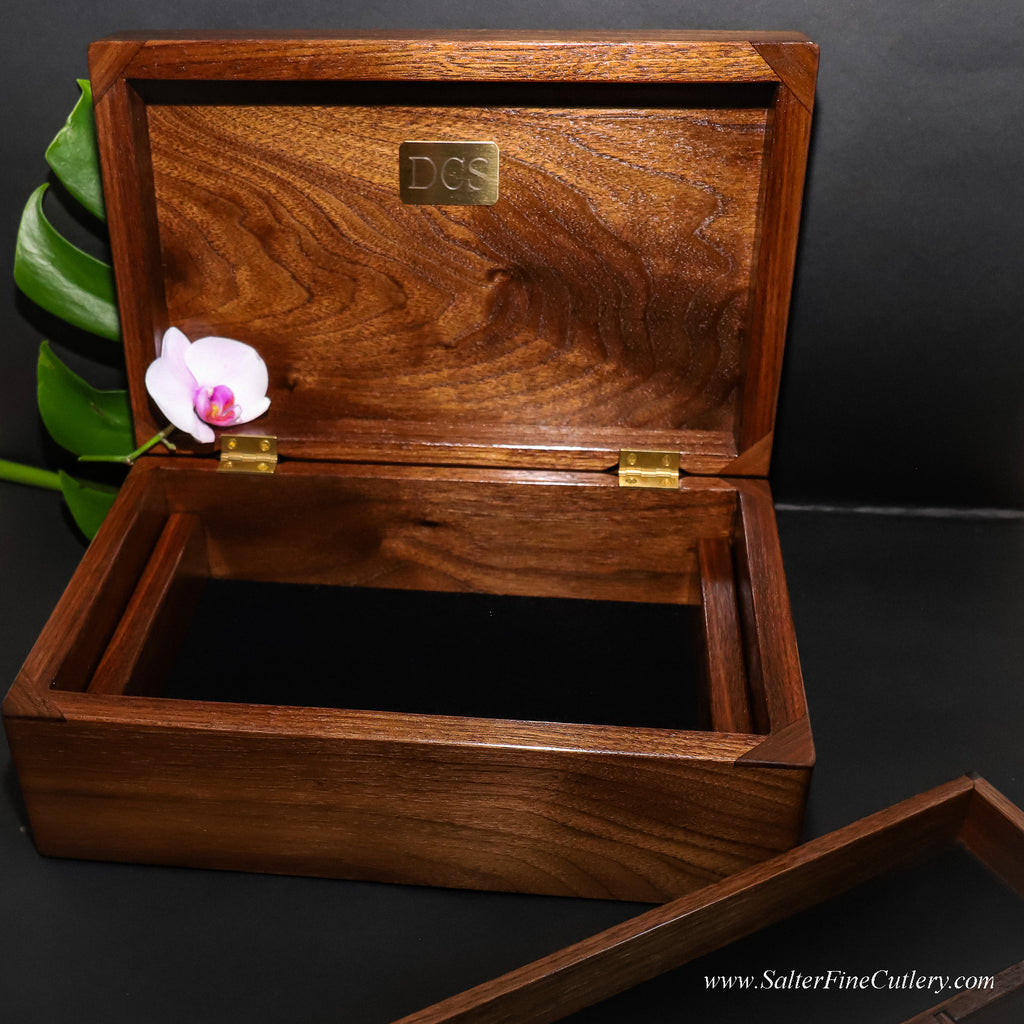 Walnut wood mens valet box handcrafted by SalterFineCutlery custom woodworking showing bottom open compartment and custom engraving
