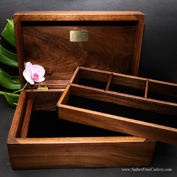 Mens valet box open with two tiers made from black walnut wood by SalterFineCutlery and custom woodworking in Hawaii