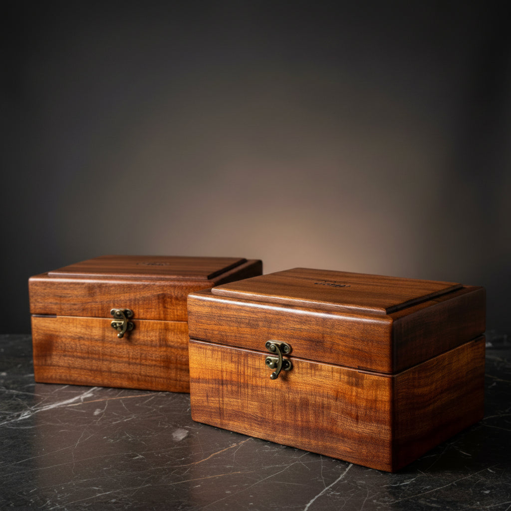 View of wrap around wood pattern on one of a pair of custom handmade valet boxes by SalterFineCutlery and custom woodworking