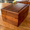 Pair of handcrafted Hawaiian curly koa wood valet boxes showing detail view of side and rear of box custom made by SalterFineCutlery and custom woodworking
