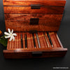 Handcrafted Hawaiian curly koa wood pen box with one drawer open by SalterFineCutlery custom woodworking