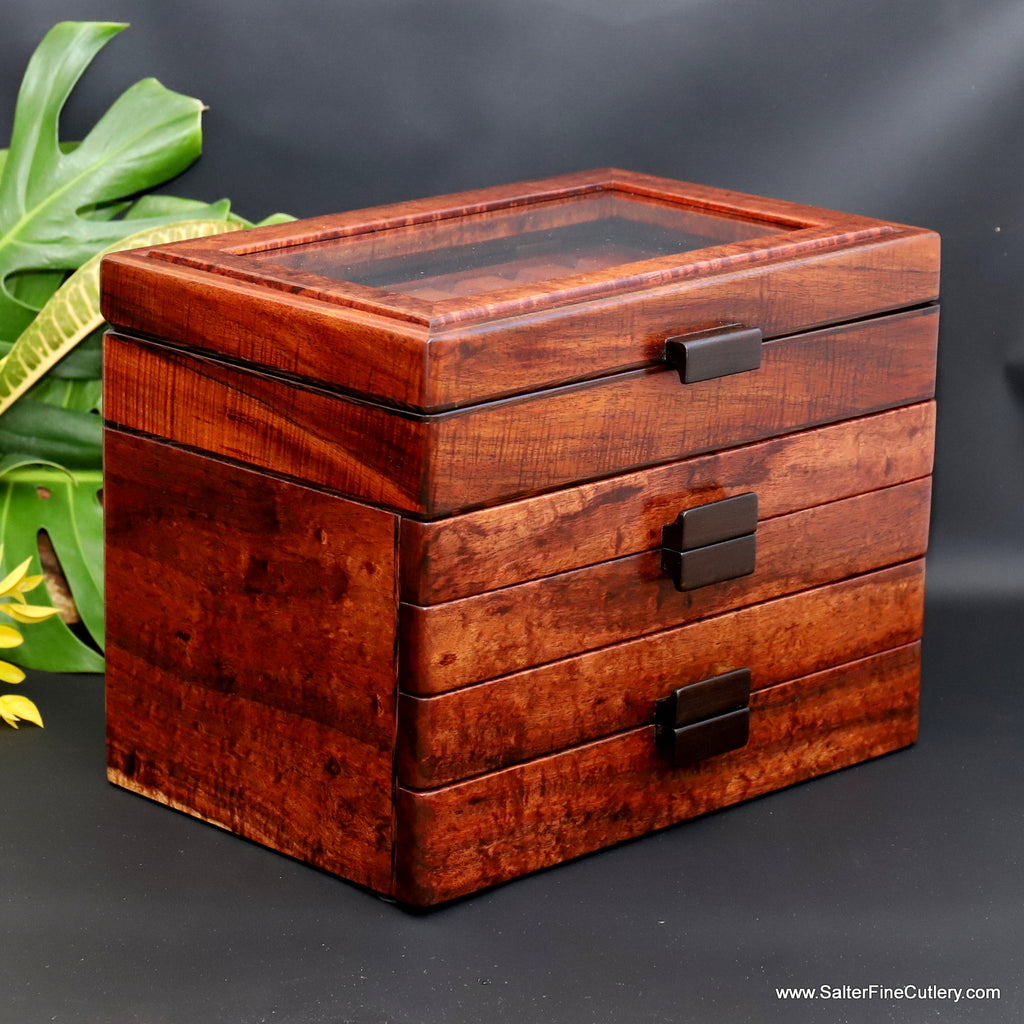 Pen Box to hold 50 collectible pens curly koa wood handcrafted by SalterFineCutlery custom woodworking