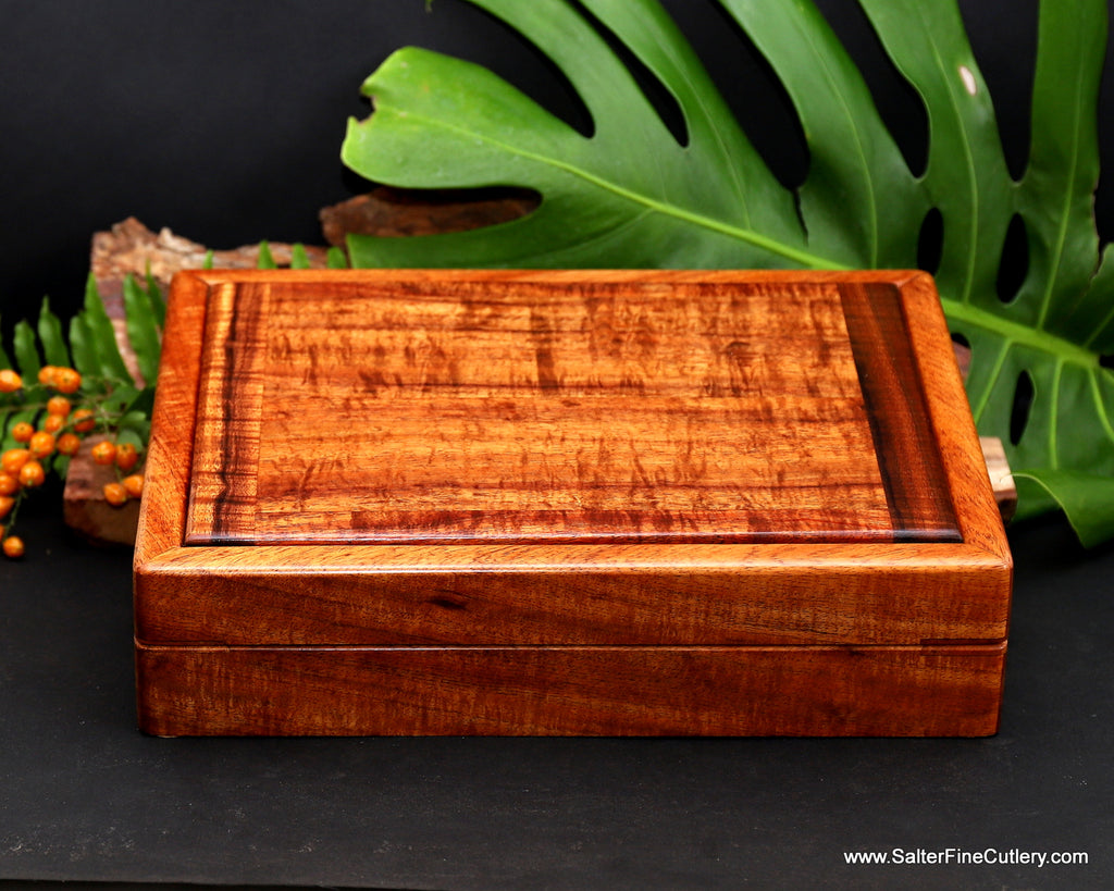 Presentation box with flame curly koa lid and sides by Salter  Fine Cutlery and custom woodworking