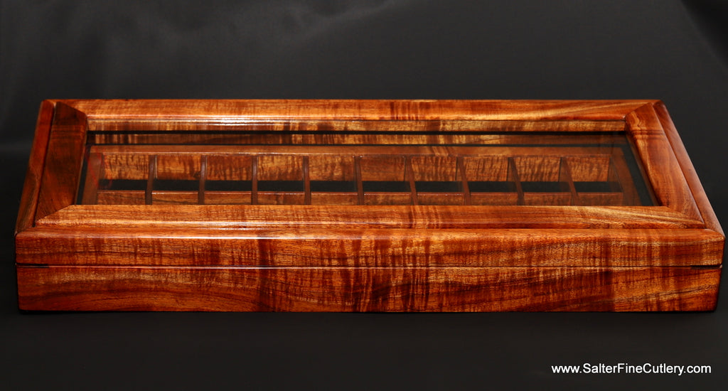 XL dispaly box with removable insert tray to hold collectibles curly koa wood handcrafted by SalterFineCutlery fine woodworking in Hawaii
