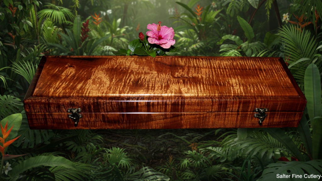 Presentation box closed to hold a ten-piece steak knife set handcrafted premium grade Hawaiian curly koa wood handcrafted by SalterFineCutlery