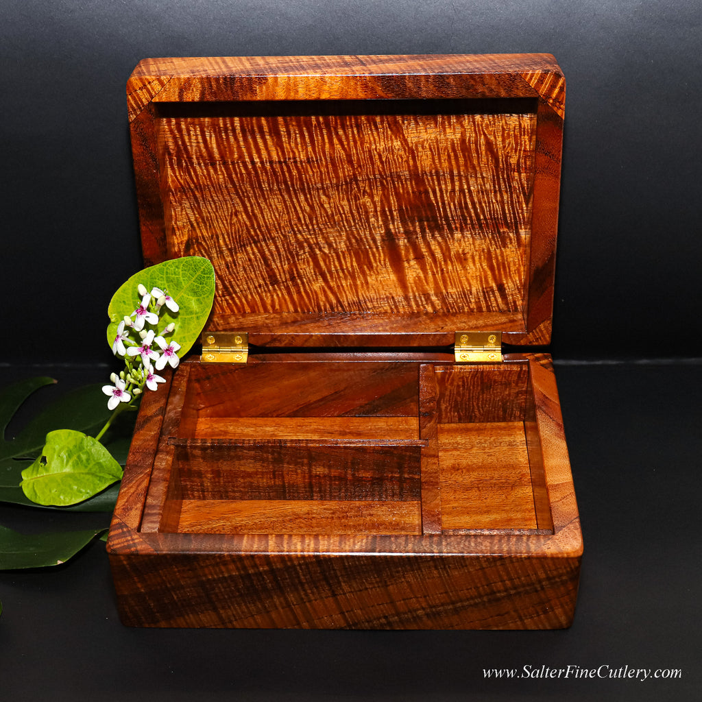 Beautiful Hawaiian curly koa wood box to hold custom collectible items handcrafted by SalterFineCutlery custom woodworking