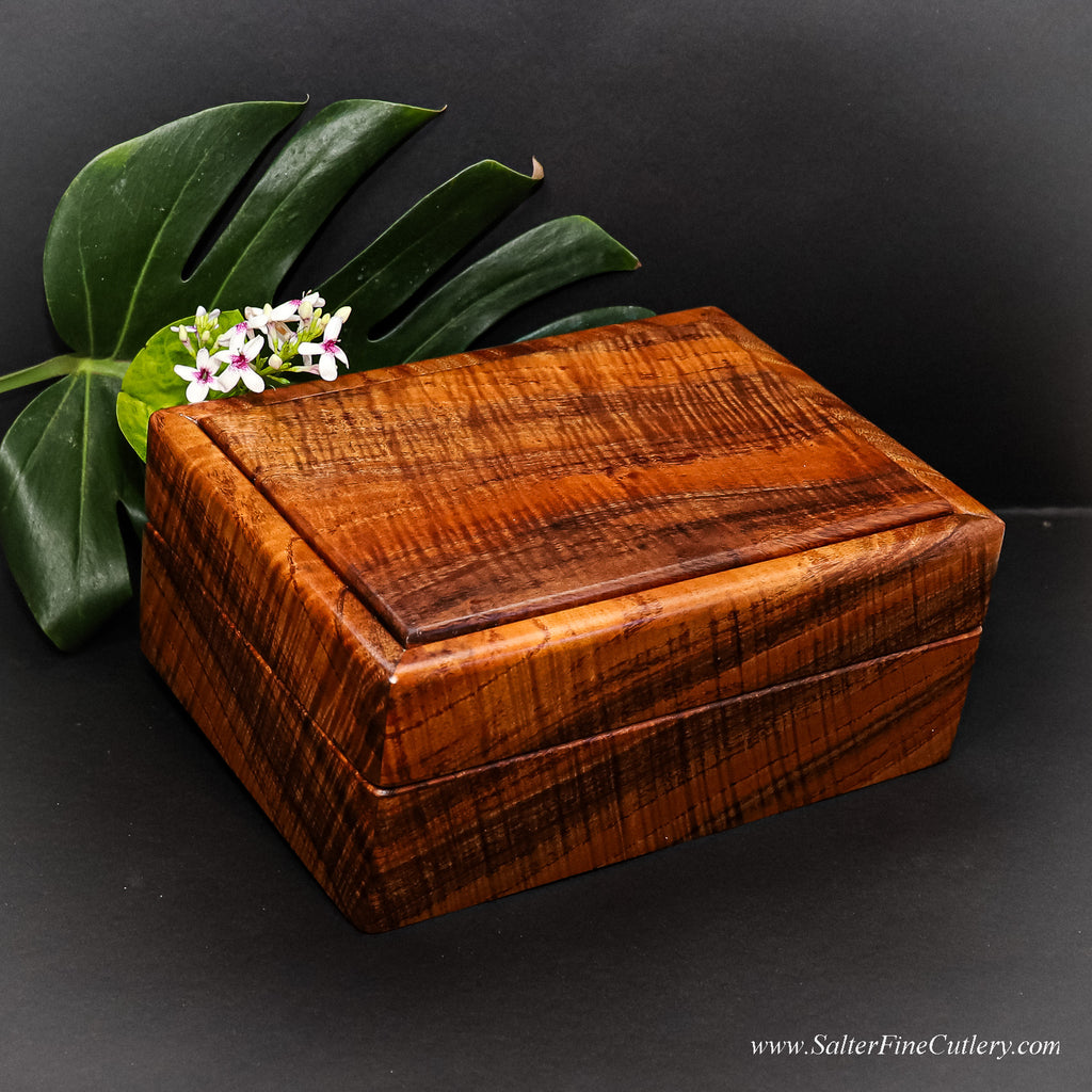 Hawaiian upgrade rare koa wood box handcrafted by SalterFineCutlery custom woodworking