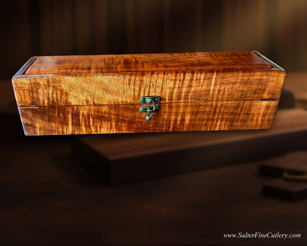 Curly koa wood presentation box to hold a single chef knife handcrafted by SalterFineCutlery