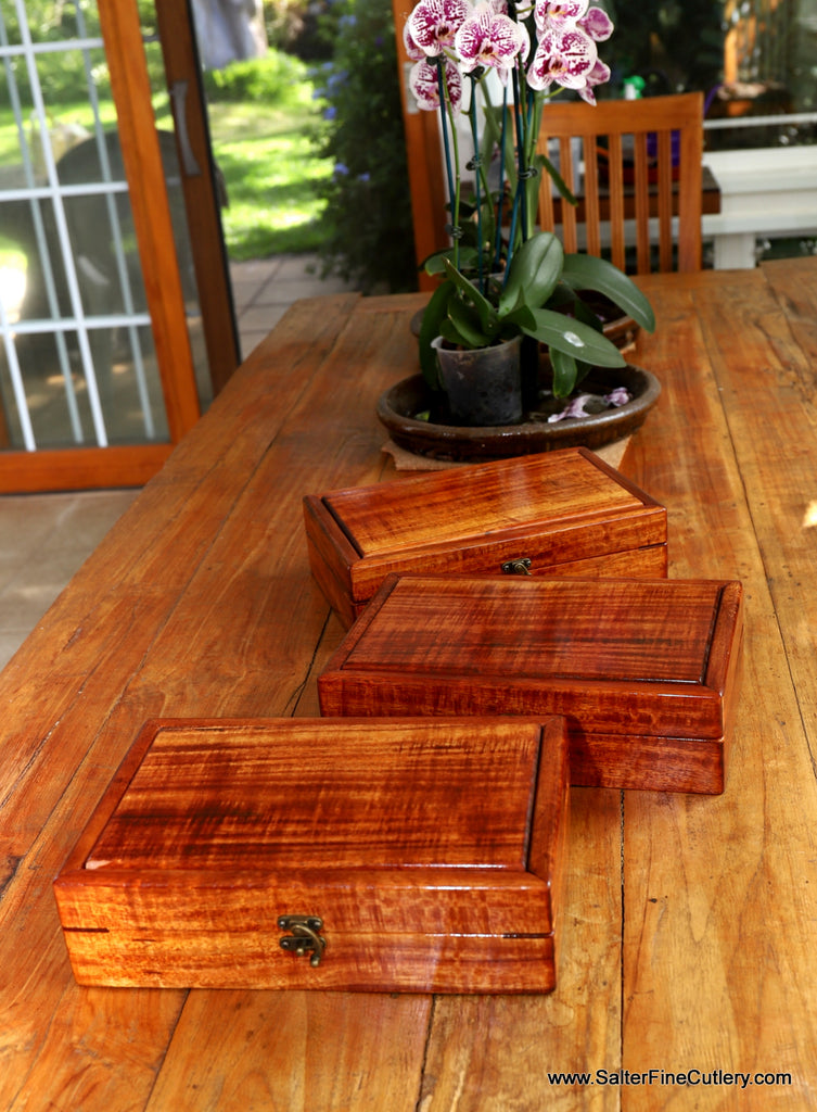 Set of 3 presentation boxes shown in bright natural light handcrafted custom boxes SalterFineCutlery and custom woodworking Hawaii