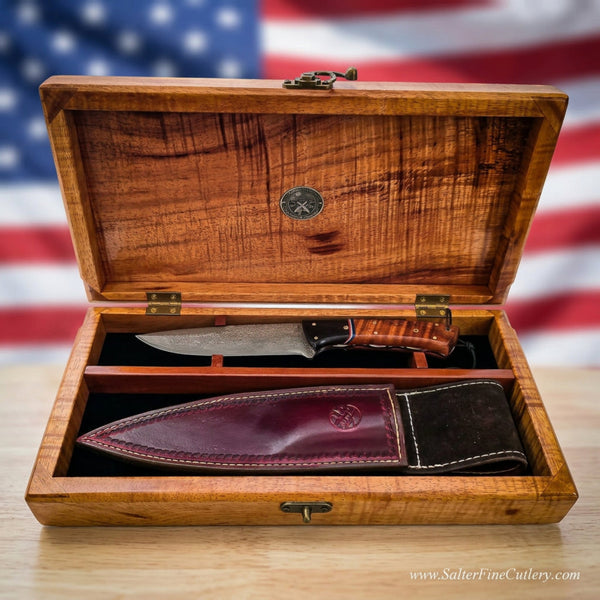 Collectible stars & stripes knife 250th anniversary special with knife, sheath, and open presentation display box from SalterFineCutlery