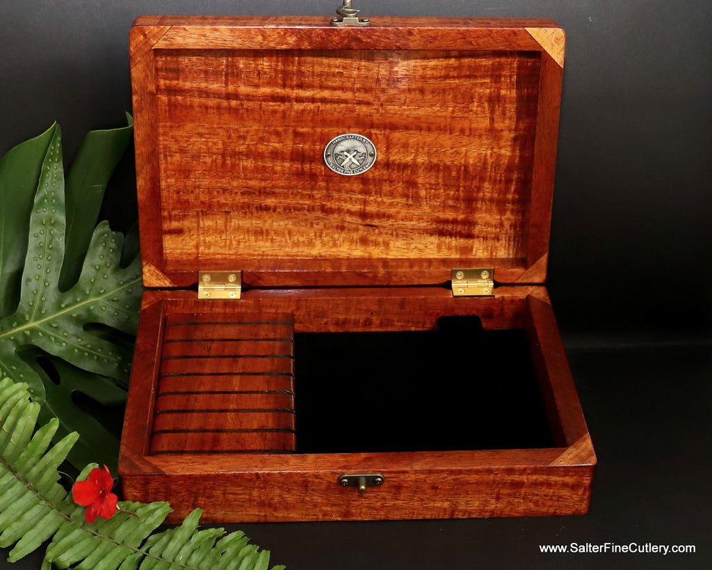 Presentation box to hold 8-pc steak knife set handcrafted in Hawaii by SalterFineCutlery and custom woodworking