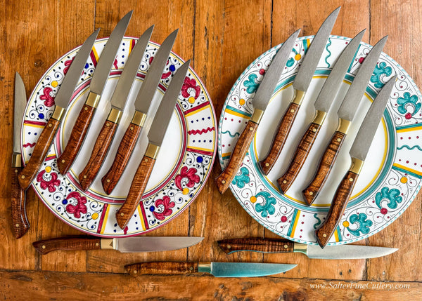 A photo showing steak knives after being refurbished to near new condition after being used in a high-end busy NYC restaurant for ten years. High quality never goes out of style.