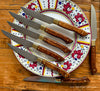 7 sample steak knives shown with dinner plate to illustrate refurbished steak knives after many years of use in a busy NYC restaurant SalterFineCutlery services what we sell