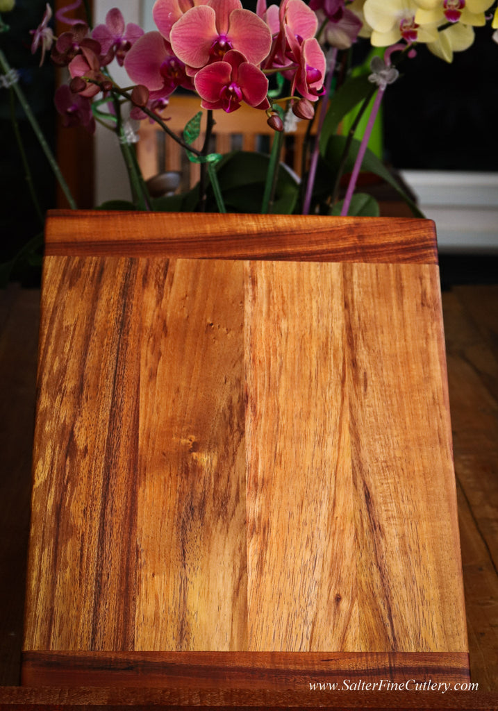 Serving board 18 x 14 x 1 curly koa wood by SalterFineCutlery and custom woodworking in Hawaii