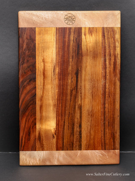Modern style Serving or cutting board with Salter logo handcrafted of Hawaiian curly koa and mango woods by SalterFineCutlery