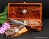 Decorative steak knife set featuring hand-forged VG10 blades with a hammer-polished pattern and handcrafted handles and box by SalterFineCutlery of Hawaii
