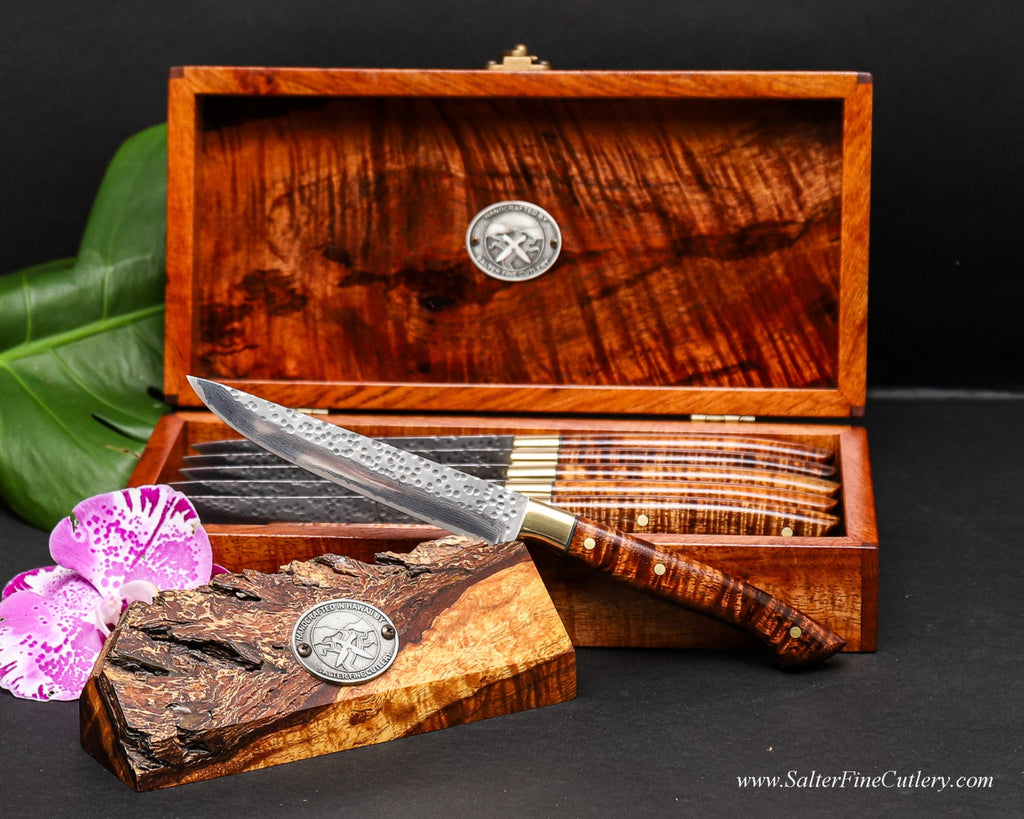 Decorative steak knife set featuring hand-forged VG10 blades with a hammer-polished pattern and handcrafted handles and box by SalterFineCutlery of Hawaii