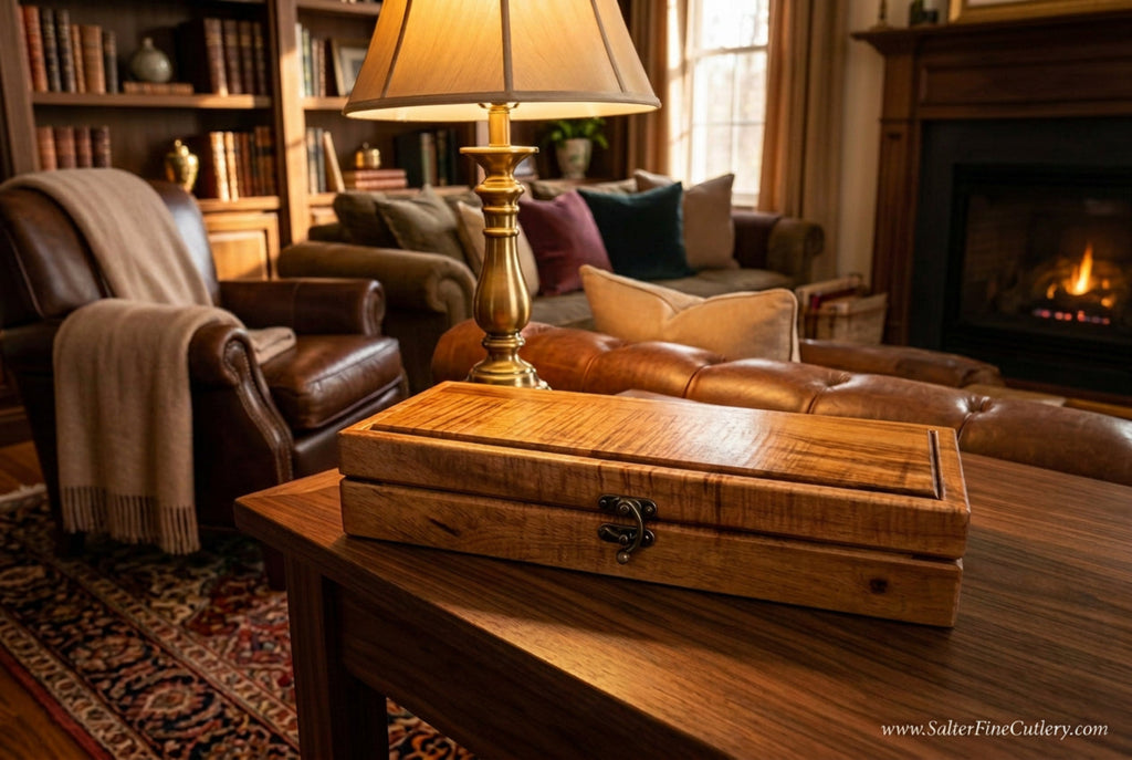 Presentation box to hold a collectible knife handcrafted in Hawaii of rare curly koa wood by SalterFineCutlery