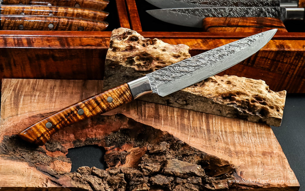 Handmade R2 Japanese stainless steel steak knife with koa wood handle and stainless steel bolster from SalterFineCutlery