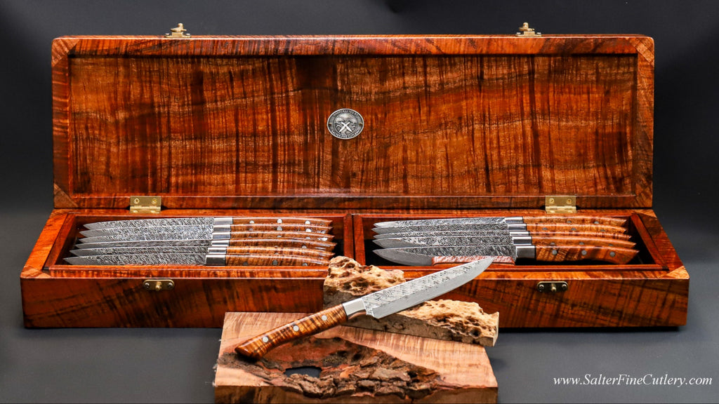 Handcrafted luxury steak knife set in presentation box featuring very rare old-growth instrument grade Hawaiian curly koa wood by SalterFineCutlery
