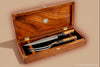 Two-piece carving set in presentation box hand-forged Japanese stainless steel blades from our VillageForge collection and rare koa wood handles and box by SalterFineCutlery Hawaii