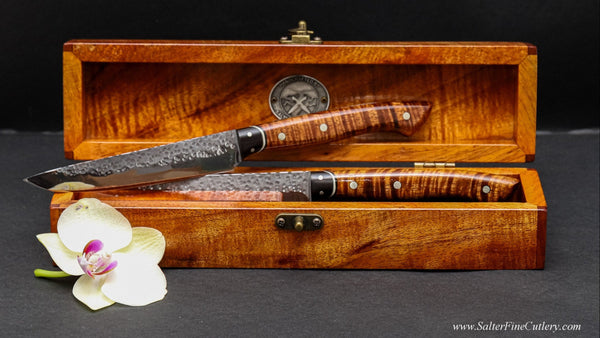 Two piece custom handmade VG10 Japanese stainless steel steak knife set with curly Hawaiian koa wood handles and keepsake box by SalterFineCutlery