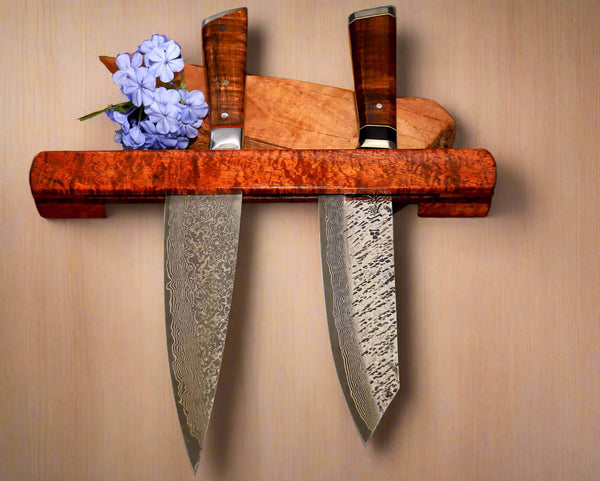 Wall rack to hold up to 4 chef knifes with drop-in containment method by SalterFineCutlery