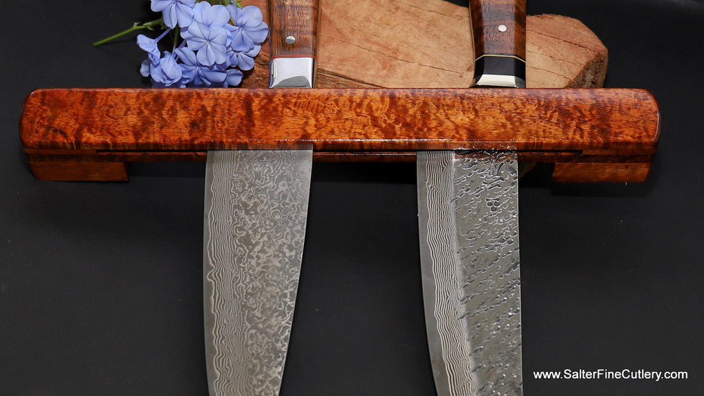 Wall Rack Drop-in style curly koa wood detail view SalterFineCutlery and custom woodworking