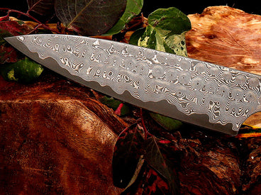 SalterFineCutlery offers blades in many designs and styles hand-forged in Japan like this whirlpool damascus pattern blade