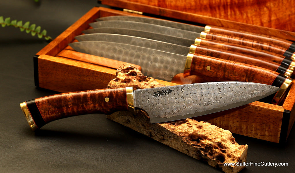 Beautiful custom handmade 130mm R2 stainless steel whirlpool damascus steak knife Detail view  single steak knife part of 6-piece set by Salter Fine Cutlery