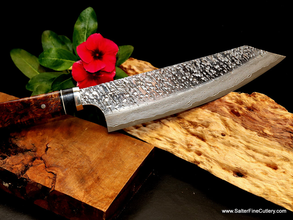 Handmade kitchen cutlery 180mm vegetable and meat knife with  high polish finish and matte damascus lines near the blade edge offered by SalterFineCutlery of Hawaii