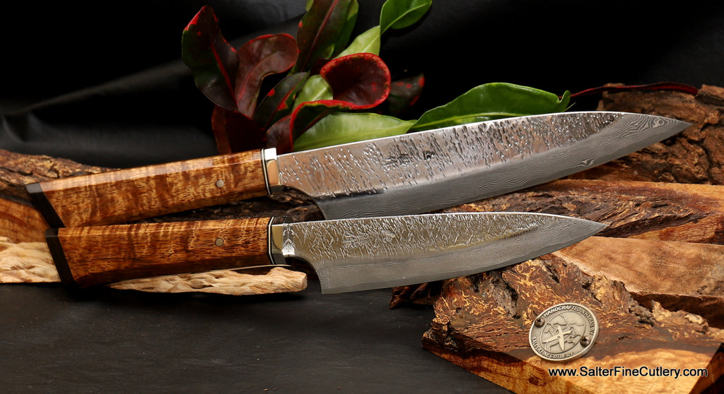 2-piece custom chef knife set handmade from SalterFineCutlery decorative handle with one metal fitting and ebony end accent