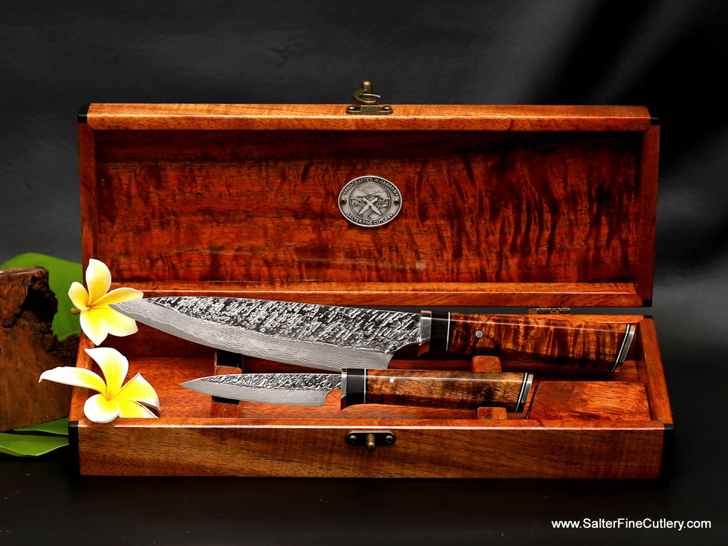 2-piece custom luxury small chef knife set by SalterFineCutlery handmade with exotic curly koa wood artist-series handles by Gregg Salter